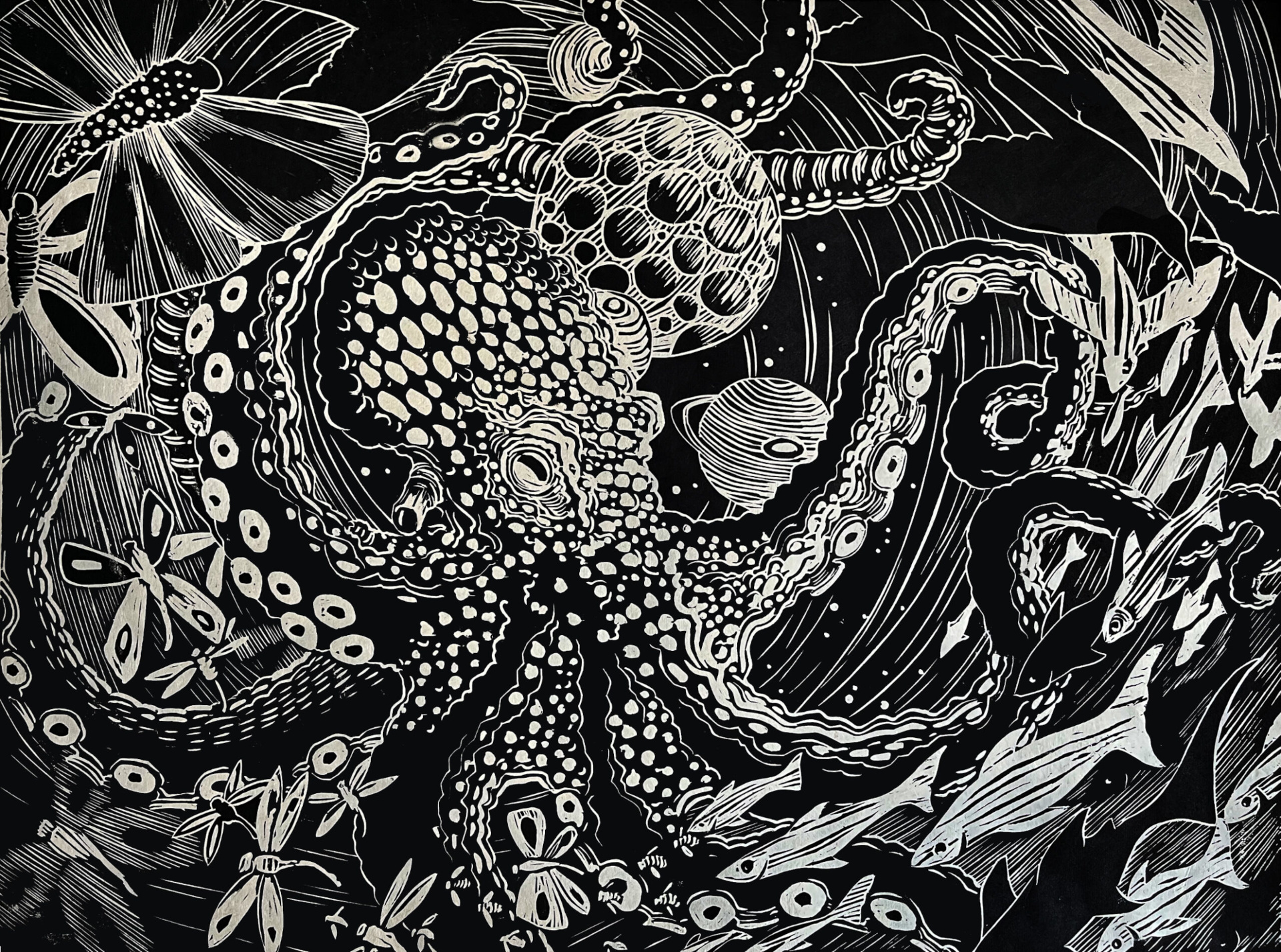 Woodcut: Octopus Dreaming